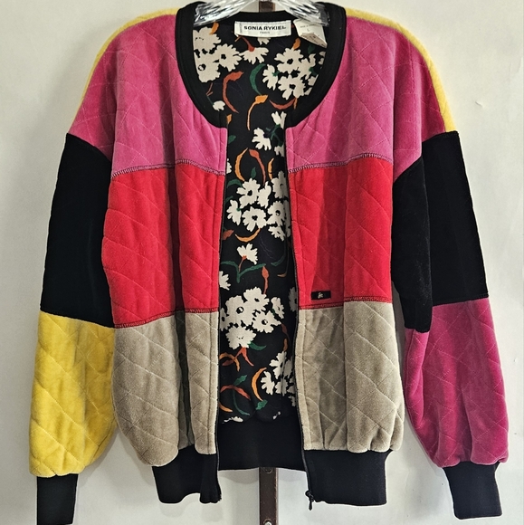 90's Sonia Rykiel Paris velvet quilt colorblock bomber zip front Vintage L